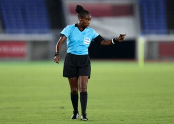 YOKOHAMA, JAPAN - JULY 27: Match Referee, Salima Mukansanga gives instructions during the Women's Group F match between Netherlands and China during the Tokyo 2020 Olympic Games at International Stadium Yokohama on July 27, 2021 in Yokohama, Tokyo, Japan. (Photo by Alex Grimm - FIFA/FIFA via Getty Images)