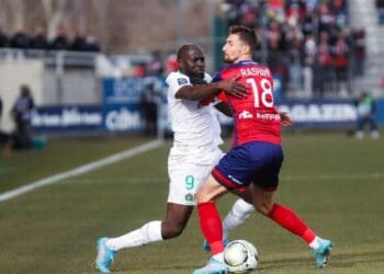 Sada THIOUB of Saint Etienne and Elbasan RASHANI of Clermont  during the Ligue 1 Uber Eats match between Clermont and Saint Etienne at Stade Gabriel Montpied on February 13, 2022 in Clermont-Ferrand, France. (Photo by Romain Biard/Icon Sport via Getty Images)