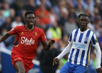 BRIGHTON, ENGLAND - AUGUST 21: Ismaila Sarr of Watford and Yves Bissouma of Brighton & Hove Albion in action during the Premier League match between Brighton & Hove Albion  and  Watford at American Express Community Stadium on August 21, 2021 in Brighton, England. (Photo by Eddie Keogh/Getty Images)