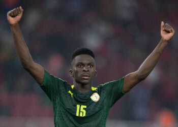 YAOUNDE, CAMEROON - FEBRUARY 06: BAMBA DIENG of Senegal reacts after scoring his penalty during the penalty shoot out during the Africa Cup of Nations (CAN) 2021 final match between Senegal and Egypt at Stade d'Olembe in Yaounde on February 6, 2022. (Photo by Visionhaus/Getty Images)