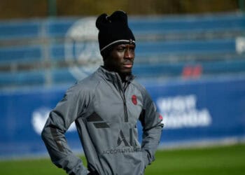 PARIS, FRANCE - FEBRUARY 13: Idrissa Gueye looks on during a Paris Saint-Germain training session at Ooredoo Center on February 13, 2022 in Paris, France.  (Photo by Aurelien Meunier - PSG/PSG via Getty Images)