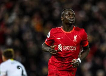 LIVERPOOL, ENGLAND - FEBRUARY 23: (THE SUN OUT, THE SUN ON SUNDAY OUT) Sadio Mane of Liverpool celebrates after scoring the fourth goal during the Premier League match between Liverpool and Leeds United at Anfield on February 23, 2022 in Liverpool, England. (Photo by Andrew Powell/Liverpool FC via Getty Images)