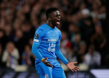 ROTTERDAM, NETHERLANDS - APRIL 28: Bamba Dieng of Olympique Marseille  during the Conference League  match between Feyenoord v Olympique Marseille at the Stadium Feijenoord on April 28, 2022 in Rotterdam Netherlands (Photo by Rico Brouwer/Soccrates/Getty Images)