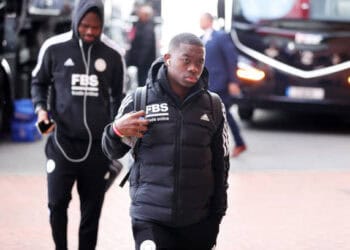 MANCHESTER, ENGLAND - APRIL 02: Nampalys Mendy of Leicester City arrives ahead of the Premier League match between Manchester United and Leicester City at Old Trafford on April 2, 2022 in Manchester, United Kingdom. (Photo by Plumb Images/Leicester City FC via Getty Images)