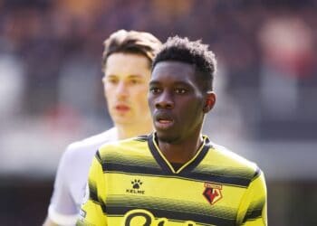 WATFORD, ENGLAND - APRIL 09: Ismaila Sarr of Watford during the Premier League match between Watford and Leeds United at Vicarage Road on April 09, 2022 in Watford, England. (Photo by Alex Morton/Getty Images)