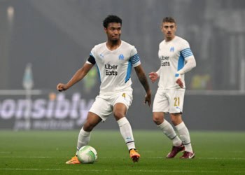 MARSEILLE, FRANCE - MAY 05: Boubacar Kamara of Olympique Marseille during the UEFA Conference League Semi Final Leg Two match between Olympique Marseille and Feyenoord at Stade Velodrome on May 5, 2022 in Marseille, France. (Photo by Chris Ricco/Getty Images)