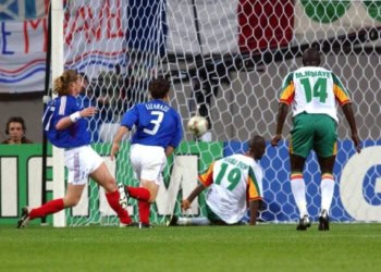 France's Emmanuel Petit and Bixente Lizarazu are beaten as  Senegal's Papa Bouba Diop pounces to score their opening goal  (Photo by Neal Simpson/EMPICS via Getty Images)