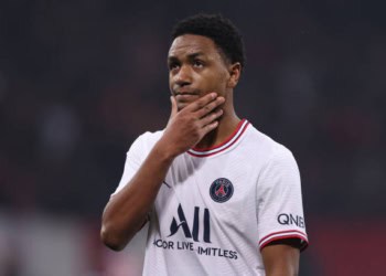 NICE, FRANCE - MARCH 05: Abdou Diallo of PSG reacts following the 1-0 defeat in the Ligue 1 Uber Eats match between OGC Nice and Paris Saint Germain at Allianz Riviera Stadium on March 05, 2022 in Nice, France. (Photo by Jonathan Moscrop/Getty Images)