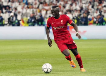 PARIS, FRANCE - MAY 28:  Sadio Mane of Liverpool in action during the UEFA Champions League final match between Liverpool FC and Real Madrid at Stade de France on May 28, 2022 in Paris, France. (Photo by Etsuo Hara/Getty Images)