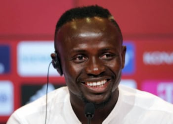 MUNICH, GERMANY - JUNE 22: Sadio Mane is presented as new player of FC Bayern Munchen during a press conference at Allianz Arena on June 22, 2022 in Munich, Germany. (Photo by Johannes Simon/Getty Images)
