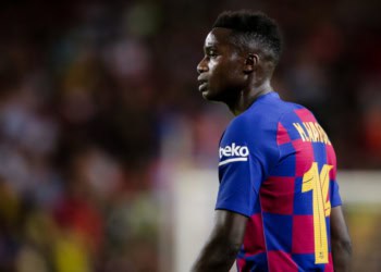 BARCELONA, SPAIN - AUGUST 4: Moussa Wague of FC Barcelona during the Club Friendly   match between FC Barcelona v Arsenal at the Camp Nou on August 4, 2019 in Barcelona Spain (Photo by Erwin Spek/Soccrates/Getty Images)