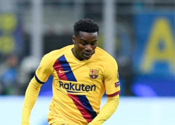 Moussa Wague of Barcelona during the UEFA Champions League stage match between Internazionale and Barcelona at Stadio San Siro, Milan, Italy on 10 December 2019 (Photo by Giuseppe Maffia/NurPhoto via Getty Images)