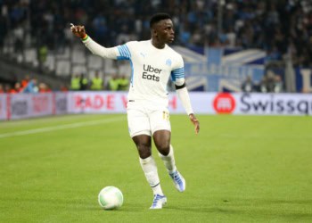 MARSEILLE, FRANCE - MAY 5: Bamba Dieng of Marseille during the UEFA Europa Conference League Semi Final Leg Two match between Olympique Marseille (OM) and Feyenoord Rotterdam at Stade Velodrome on May 5, 2022 in Marseille, France. (Photo by John Berry/Getty Images)