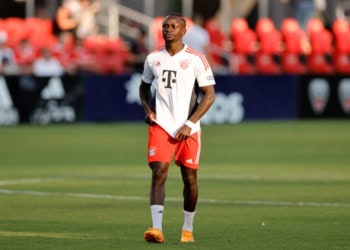 WASHINGTON, DC - JULY 20: Sadio Mané #17 of Bayern Munich warms up during the pre-season friendly match between DC United and Bayern Munich at Audi Field on July 20, 2022 in Washington, DC. (Photo by Tim Nwachukwu/Getty Images)
