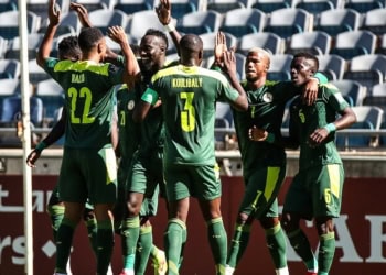 Famara Diedhiou is congratulated for scoring the opening goal during the Qatar 2022 FIFA World Cup qualifier between Namibia and Senegal held at the Orlando Stadium in Johannesburg, South Africa on 12 October 2021 © Gavin Barker/Sports Inc 
Photo by Icon Sport