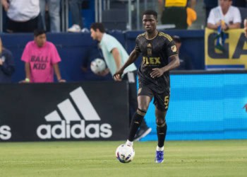 CARSON, CA - MAY 25: Mamadou Fall #5 of Los Angeles FC during a game between Los Angeles Football Club and LA Galaxy at Dignity Health Sports Park on May 25, 2022 in Carson, California. (Photo by Dave Bernal/ISI Photos/Getty Images)