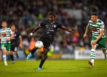 Dublin , Ireland - 4 August 2022; Senghor Faustin of Shkupi during the UEFA Europa League third qualifying round first leg match between Shamrock Rovers and Shkupi at Tallaght Stadium in Dublin. (Photo By Stephen McCarthy/Sportsfile via Getty Images)