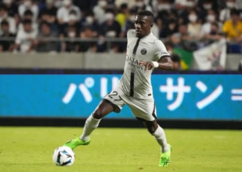 SUITA, JAPAN - JULY 25: Idrissa Gueye of Paris Saint-Germain  in action during the preseason friendly between Paris Saint-Germain and Gamba Osaka at Panasonic Stadium Suita on July 25, 2022 in Suita, Osaka, Japan. (Photo by Etsuo Hara/Getty Images)