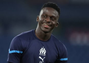 ROME, ITALY - OCTOBER 21: Ahmadou Bamba Dieng of Olympique De Marseille smiles during the warm up prior to the UEFA Europa League group E match between SS Lazio and Olympique Marseille at Olimpico Stadium on October 21, 2021 in Rome, Italy. (Photo by Jonathan Moscrop/Getty Images)