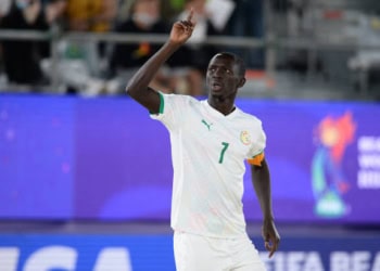 MOSCOW, RUSSIA - AUGUST 28: Babacar Fall of Senegal celebrates after scoring their sides first goal during the FIFA Beach Soccer World Cup 2021 Semi Final match between Japan and Senegal at Luzhniki Beach Soccer Stadium on August 28, 2021 in Moscow, Russia. (Photo by Octavio Passos - FIFA/FIFA via Getty Images)
