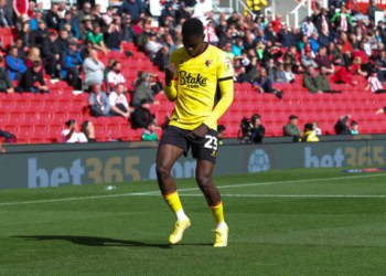 STOKE ON TRENT, ENGLAND - OCTOBER 02: Ismaila Sarr of Watford celebrates after scoring his side;s first goal during the Sky Bet Championship between Stoke City and Watford at Bet365 Stadium on October 02, 2022 in Stoke on Trent, England. (Photo by James Gill - Danehouse/Getty Images)