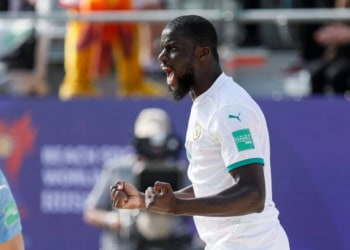 Raoul Mendy of Senegal celebrates his goal during the FIFA Beach Soccer World Cup Russia 2021 Group D match between Senegal and Uruguay on August 20, 2021 at Luzhniki Beach Soccer Stadium in Moscow, Russia. (Photo by Mike Kireev/NurPhoto via Getty Images)