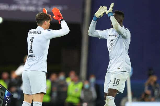 BELFAST, NORTHERN IRELAND - AUGUST 11: With 90 seconds remaining, goalkeeper Kepa Arrizabalaga of Chelsea comes on as a substitute replacing Edouard Mendy during the UEFA Super Cup 2021 Final between Chelsea FC and Villarreal CF at Windsor Park on August 11, 2021 in Belfast, Northern Ireland.  (Photo by Robbie Jay Barratt - AMA/Getty Images)