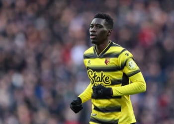 BIRMINGHAM, ENGLAND - FEBRUARY 19: Ismaila Sarr of Watford during the Premier League match between Aston Villa and Watford at Villa Park on February 19, 2022 in Birmingham, United Kingdom. (Photo by James Williamson - AMA/Getty Images)