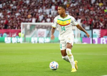 DOHA, QATAR - NOVEMBER 25: Ismail Jakobs of Senegal during the FIFA World Cup Qatar 2022 Group A match between Qatar and Senegal at Al Thumama Stadium on November 25, 2022 in Doha, Qatar. (Photo by Jean Catuffe/Getty Images)