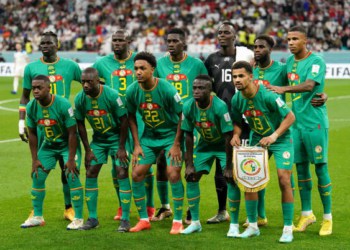 Senegal players, back row, left to right, Pathe Ciss, Kalidou Koulibaly, Ismaila Sarr, Edouard Mendy, Boulaye Dia, Ismail Jakobs, front row, left to right, Nampalys Mendy, Youssouf Sabaly, Abdou Diallo, Krepin Diatta and Iliman Ndiaye line up before the FIFA World Cup Round of Sixteen match at the Al-Bayt Stadium in Al Khor, Qatar. Picture date: Sunday December 4, 2022. (Photo by Mike Egerton/PA Images via Getty Images)