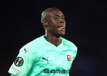 LEICESTER, ENGLAND - MARCH 10: Alfred Gomis of Stade Rennes during the UEFA Conference League Round of 16 Leg One match between Leicester City and Stade Rennes at  on March 10, 2022 in Leicester, England. (Photo by Alex Pantling/Getty Images)