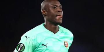 LEICESTER, ENGLAND - MARCH 10: Alfred Gomis of Stade Rennes during the UEFA Conference League Round of 16 Leg One match between Leicester City and Stade Rennes at  on March 10, 2022 in Leicester, England. (Photo by Alex Pantling/Getty Images)