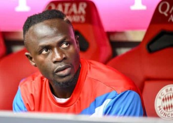 MUNICH, GERMANY - MAY 13: Sadio Mane of Bayern Muenchen Looks on during the Bundesliga match between FC Bayern München and FC Schalke 04 at Allianz Arena on May 13, 2023 in Munich, Germany. (Photo by Harry Langer/DeFodi Images via Getty Images)