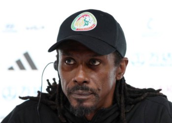 DOHA, QATAR - NOVEMBER 24: Aliou Cisse, Head Coach of Senegal, speaks during the Senegal Press Conference at the Main Media Center on November 24, 2022 in Doha, Qatar. (Photo by Adam Pretty - FIFA/FIFA via Getty Images)
