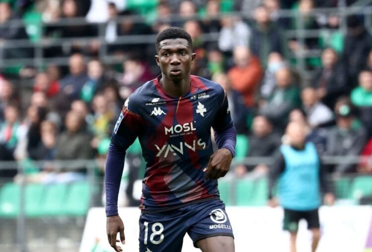 18 Lamine CAMARA (fcm) during the Ligue 1 Uber Eats match between Saint-Etienne and Metz on April 22, 2023 in Saint-Etienne, France. (Photo by Alex Martin/FEP/Icon Sport via Getty Images)