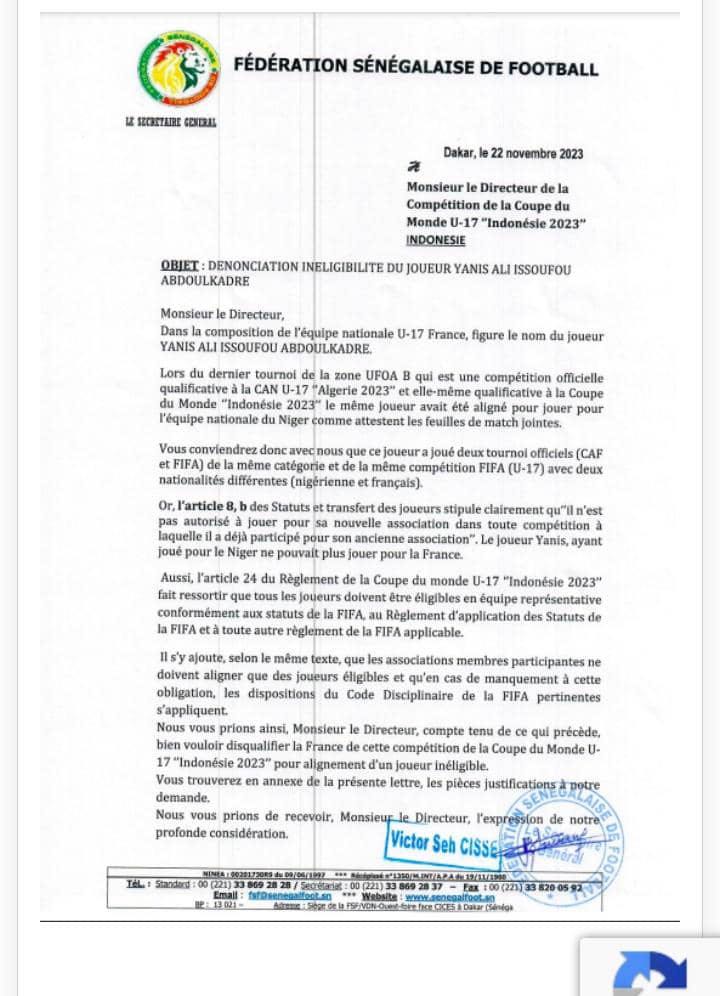 Mondial U17 : Le Sénégal a déposé un recours auprès de la FIFA pour l'inéligibilité de Yanis Issoufou (France) - wiwsport Mondial U17 : Le Sénégal a déposé un recours auprès de la FIFA pour l'inéligibilité de Yanis Issoufou (France) - wiwsport