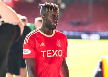 ABERDEEN, SCOTLAND - SEPTEMBER 03: Aberdeen's Pape Habib Gueye at full time during a cinch Premiership match between Aberdeen and Hibernian at Pittodrie, on September 03, 2023, in Aberdeen, Scotland. (Photo by Paul Phelan/SNS Group via Getty Images)