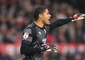 MIDDLESBROUGH, ENGLAND - OCTOBER 28: Middlesbrough goalkeeper Seny Dieng reacts during the Sky Bet Championship match between Middlesbrough and Stoke City at Riverside Stadium on October 28, 2023 in Middlesbrough, England. (Photo by Stu Forster/Getty Images)
