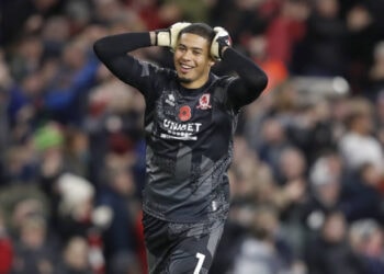 Middlesbrough goalkeeper Seny Dieng reacts to their sides first goal scored by Middlesbrough's Sam Greenwood (not shown) during the Sky Bet Championship match at the Riverside Stadium, Middlesbrough. Picture date: Saturday November 11, 2023. (Photo by Will Matthews/PA Images via Getty Images)