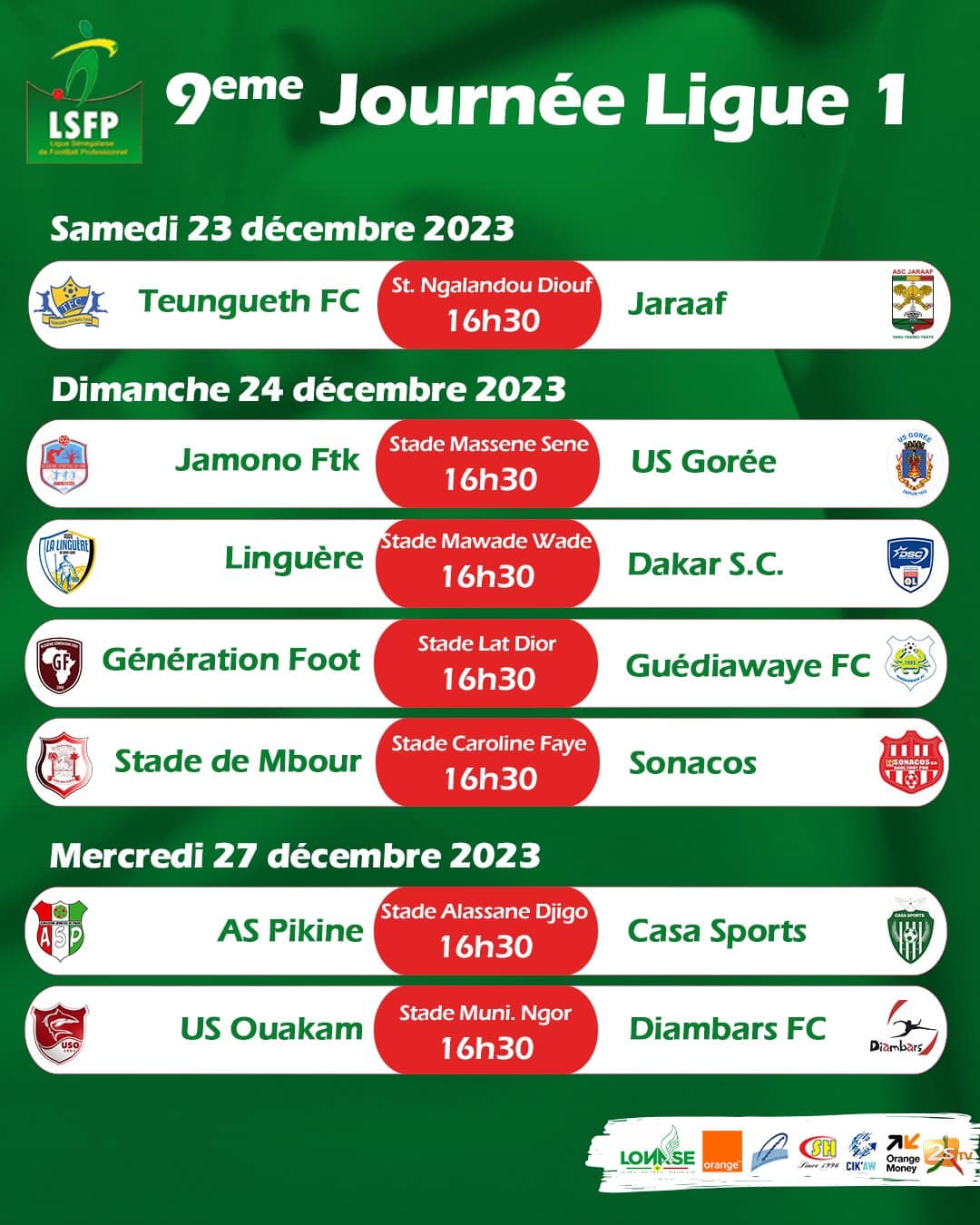 Ligue 1 - Programme (J9) : Teungueth vs Jaraaf le choc des invaincus, Génération Foot face à Guediawaye pour se renouer avec la victoire - wiwsport Ligue 1 - Programme (J9) : Teungueth vs Jaraaf le choc des invaincus, Génération Foot face à Guediawaye pour se renouer avec la victoire - wiwsport