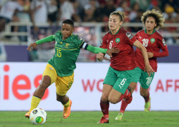 Refiloe Jane of South Africa is challenged by Nahla Elodie Nakkach of Morocco during the 2022 Womens Africa Cup of Nations Final between Morocco and South Africa at Prince Moulay Abdellah Stadium in Rabat, Morocco on 23 July 2022 © Ryan Wilkisky/BackpagePix