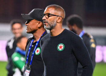 Habib BEYE head coach of Red Star and Steve MARLET during the National 1 match between Red Star and Villefranche at the stade Bauer in Saint Ouen, France on October 6th, 2023. (Photo by Anthony Dibon/Icon Sport via Getty Images)