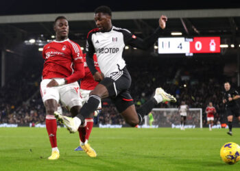 LONDON, ENGLAND - DECEMBER 6: Moussa Niakhate of Nottingham Forest stops Fode Ballo-Toure of Fulham. during the Premier League match between Fulham FC and Nottingham Forest at Craven Cottage on December 6, 2023 in London, England. (Photo by Jacques Feeney/Offside/Offside via Getty Images)