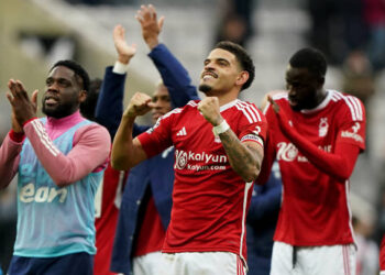 Nottingham Forest's Morgan Gibbs-White celebrates with team mates following the Premier League match at St. James' Park, Newcastle upon Tyne. Picture date: Tuesday December 26, 2023. (Photo by Owen Humphreys/PA Images via Getty Images)