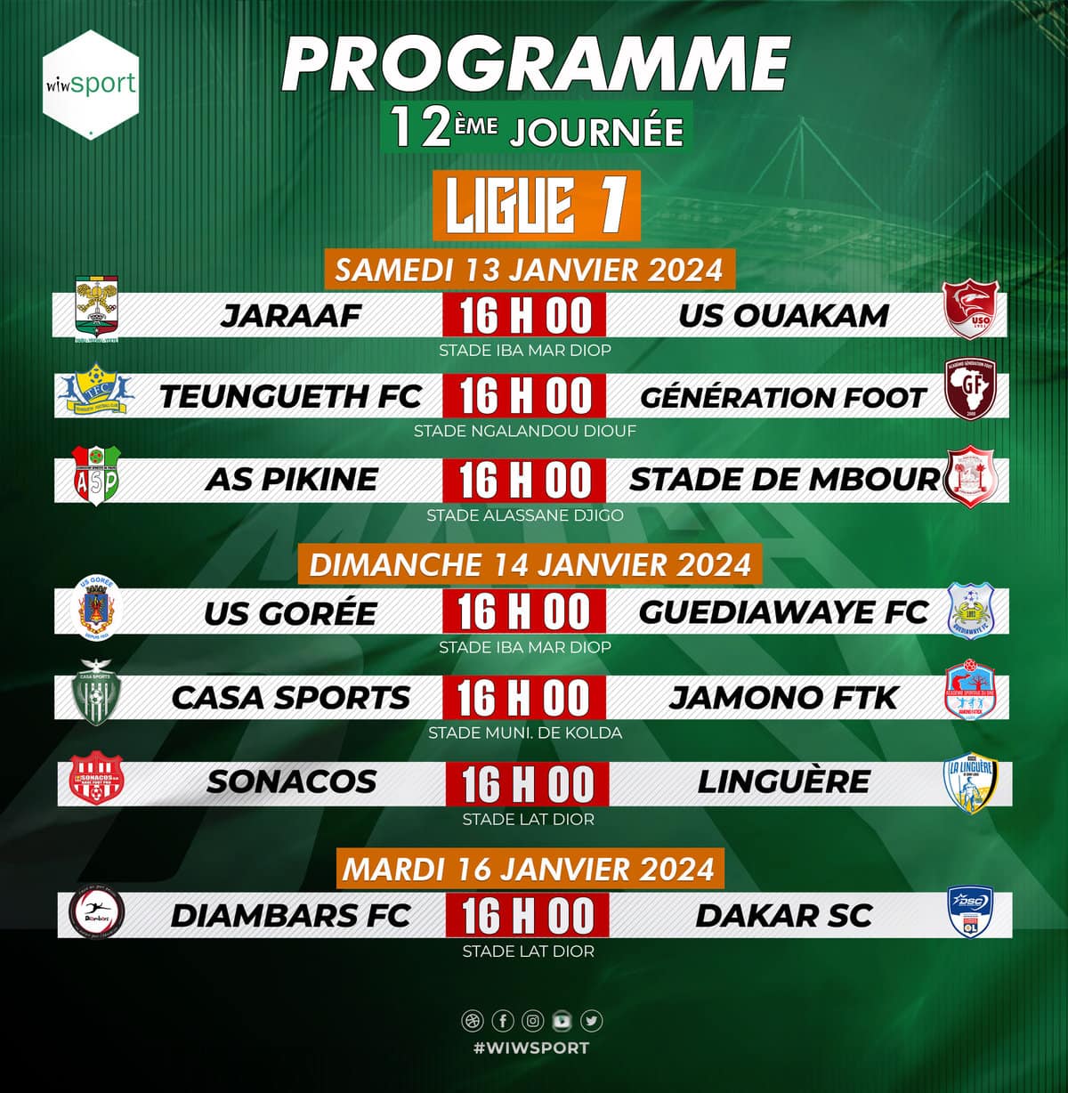 Ligue 1 - Programme (J12) : Un chaud derby rufisquois et un duel des académiciens au programme - wiwsport