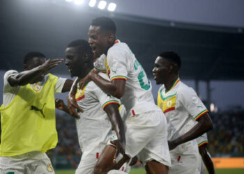 YAMOUSSOUKRO, IVORY COAST - JANUARY 23: Abdoulaye Seck of Senegal celebrates scoring his team's first goal to make the score 1-0 during the TotalEnergies CAF Africa Cup of Nations group stage match between Guinea and Senegal at  on January 23, 2024 in  Yamoussoukro, Ivory Coast. (Photo by MB Media/Getty Images)