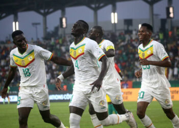 YAMOUSSOUKRO, IVORY COAST - JANUARY 23: Abdoulaye Seck of Senegal celebrates scoring his team's first goal to make the score 1-0 during the TotalEnergies CAF Africa Cup of Nations group stage match between Guinea and Senegal at  on January 23, 2024 in  Yamoussoukro, Ivory Coast. (Photo by MB Media/Getty Images)