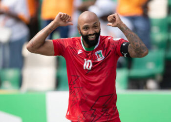 ABIDJAN, IVORY COAST - JANUARY 18: EMILIO NSUE LOPEZ of Equatorial Guinea celebrates scoring during the TotalEnergies CAF Africa Cup of Nations group stage match between Equatorial Guinea and Guinea-Bissau at  on January 18, 2024 in Abidjan, Ivory Coast. (Photo by Visionhaus/Getty Images)