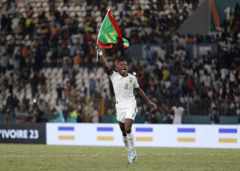 Mauritanian player Bodda Mouhsine is reacting after the victory against Algeria during the Group D football match of the 2024 Africa Cup of Nations (CAN) between Algeria and Mauritania at the Stade de la Paix in Bouake, Cote d'Ivoire, on January 23, 2024. (Photo by APP/NurPhoto via Getty Images)