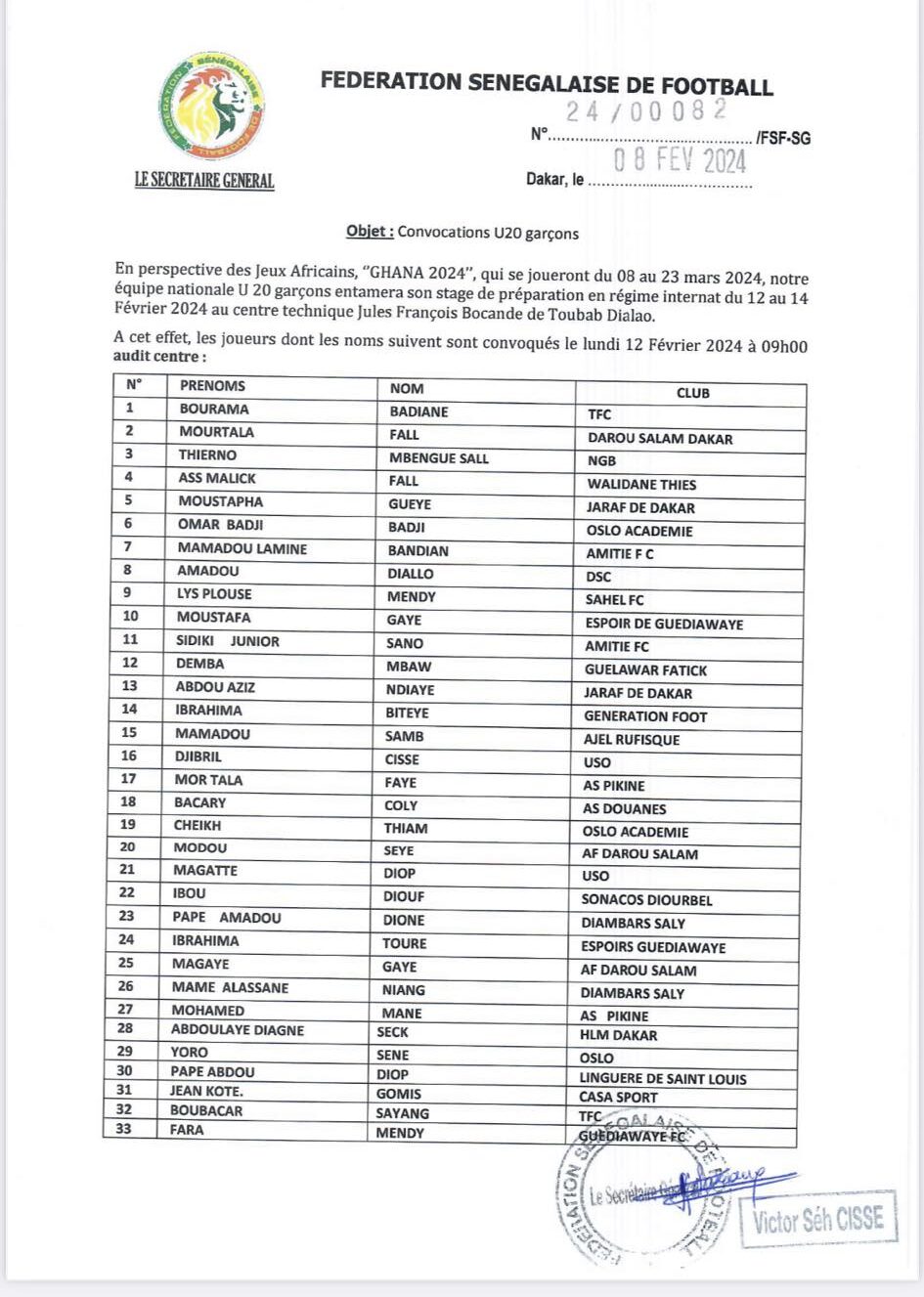 Jeux Africains 2024 : L'équipe U20 du Sénégal en régime interne avec 33 Lionceaux pour sa préparation - wiwsport Jeux Africains 2024 : L'équipe U20 du Sénégal en régime interne avec 33 Lionceaux pour sa préparation - wiwsport